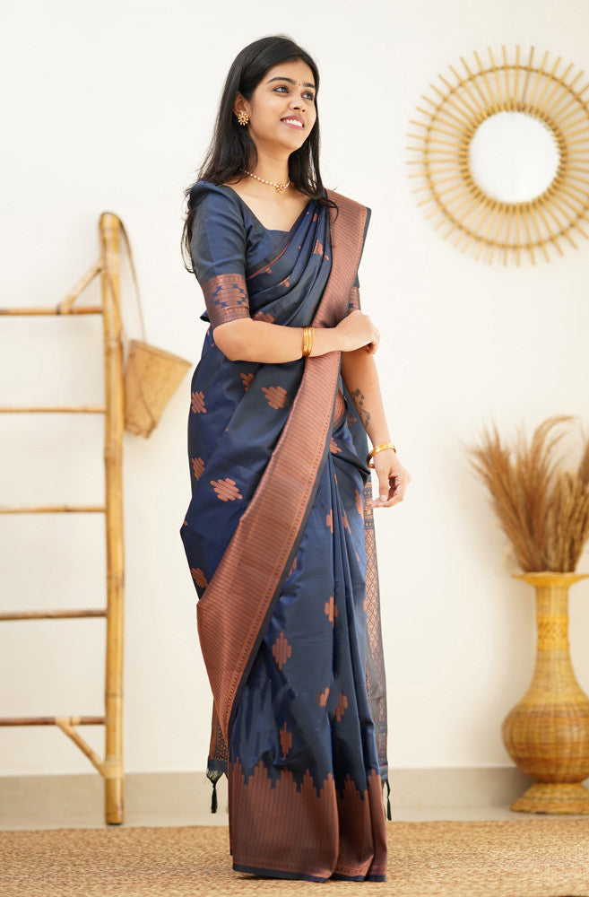 Snuggle Spot Women's Silk Blend Printed Saree With Unstitched Blouse 5.5Mtr (Navy Blue) main image 1