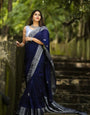 Charming Navy Blue Soft Banarasi Silk Saree With Glowing Blouse Piece