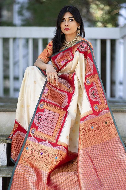 Load image into Gallery viewer, Nemesis Off White Soft Banarasi Silk Saree With Glittering Blouse Piece
