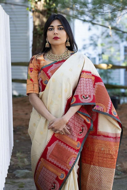 Load image into Gallery viewer, Nemesis Off White Soft Banarasi Silk Saree With Glittering Blouse Piece
