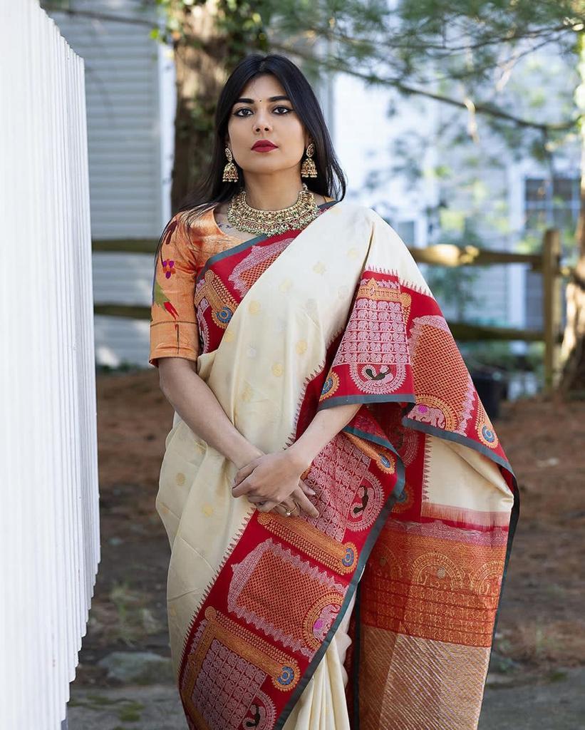 Nemesis Off White Soft Banarasi Silk Saree With Glittering Blouse Piece