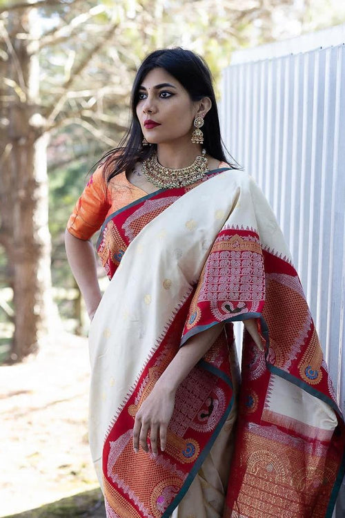 Load image into Gallery viewer, Nemesis Off White Soft Banarasi Silk Saree With Glittering Blouse Piece
