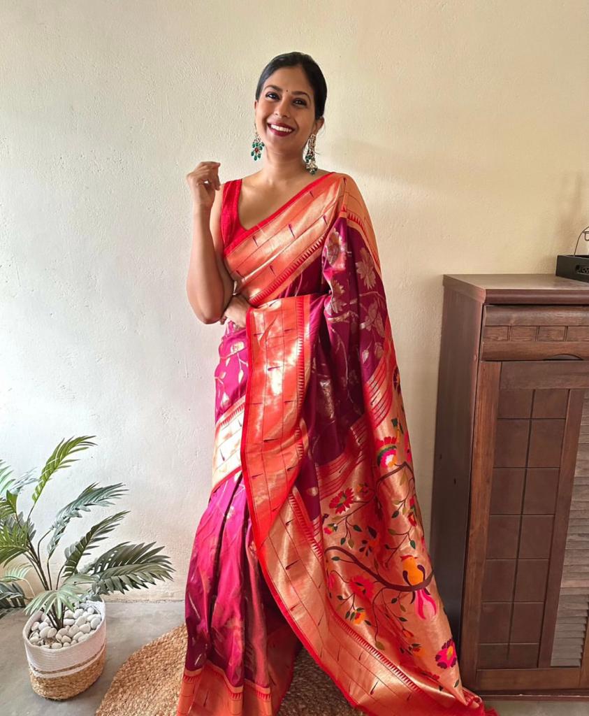 Symmetrical Dark Pink Paithani Silk Saree With Epiphany Blouse Piece