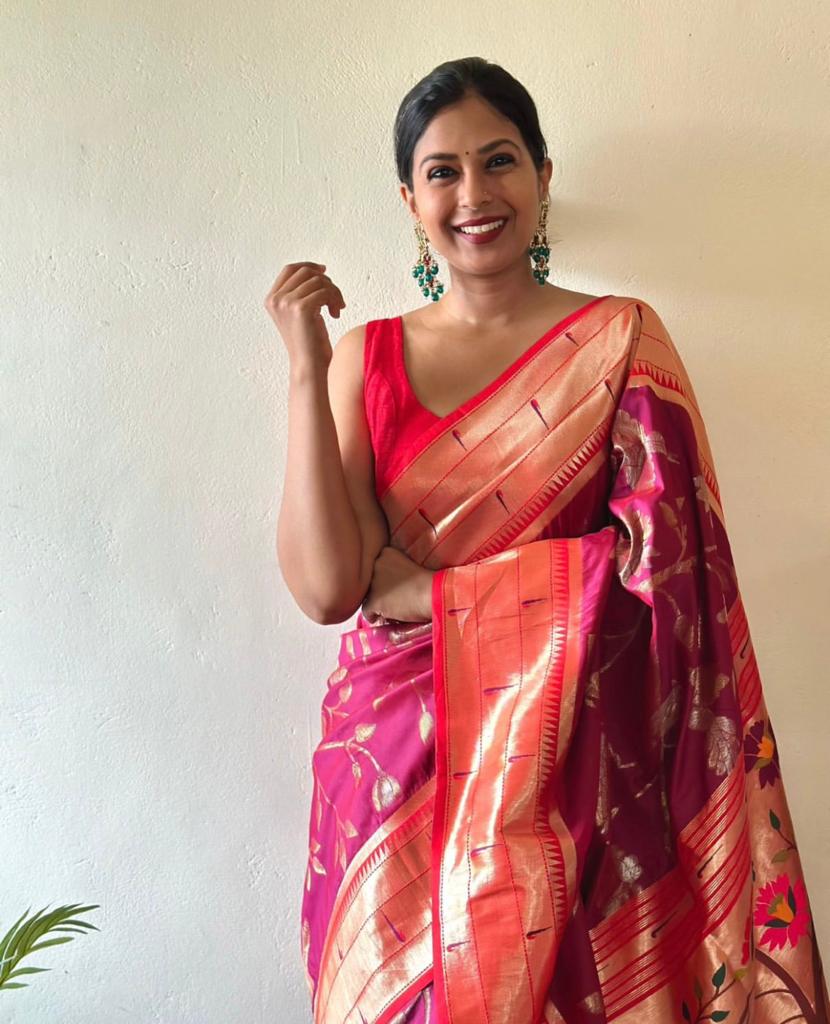 Symmetrical Dark Pink Paithani Silk Saree With Epiphany Blouse Piece