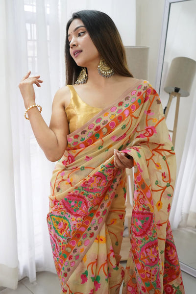 Classy Beige Pashmina saree With Gleaming Blouse Piece