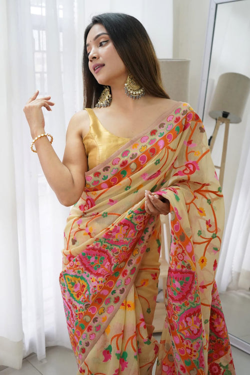 Load image into Gallery viewer, Classy Beige Pashmina saree With Gleaming Blouse Piece

