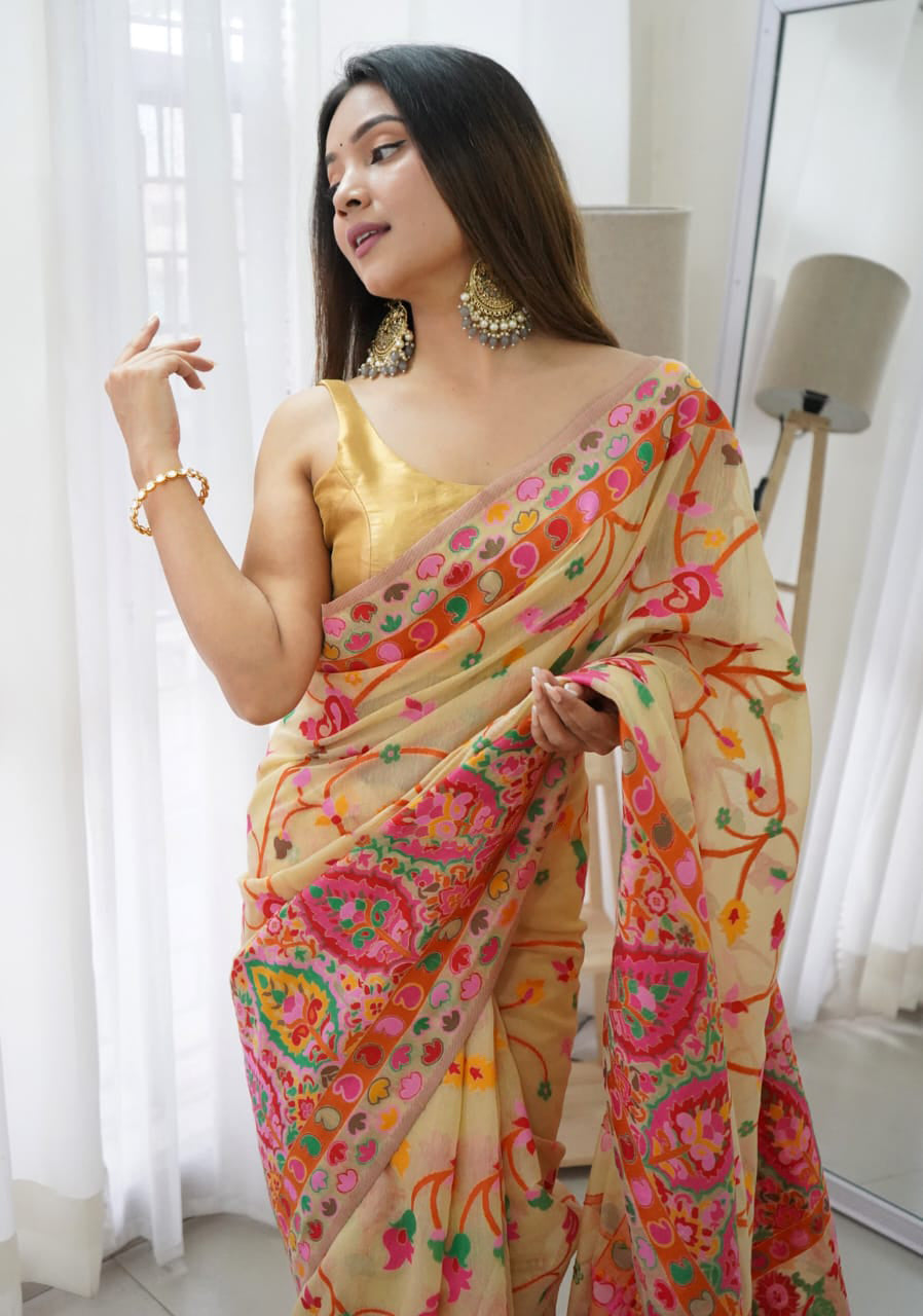 Classy Beige Pashmina saree With Gleaming Blouse Piece
