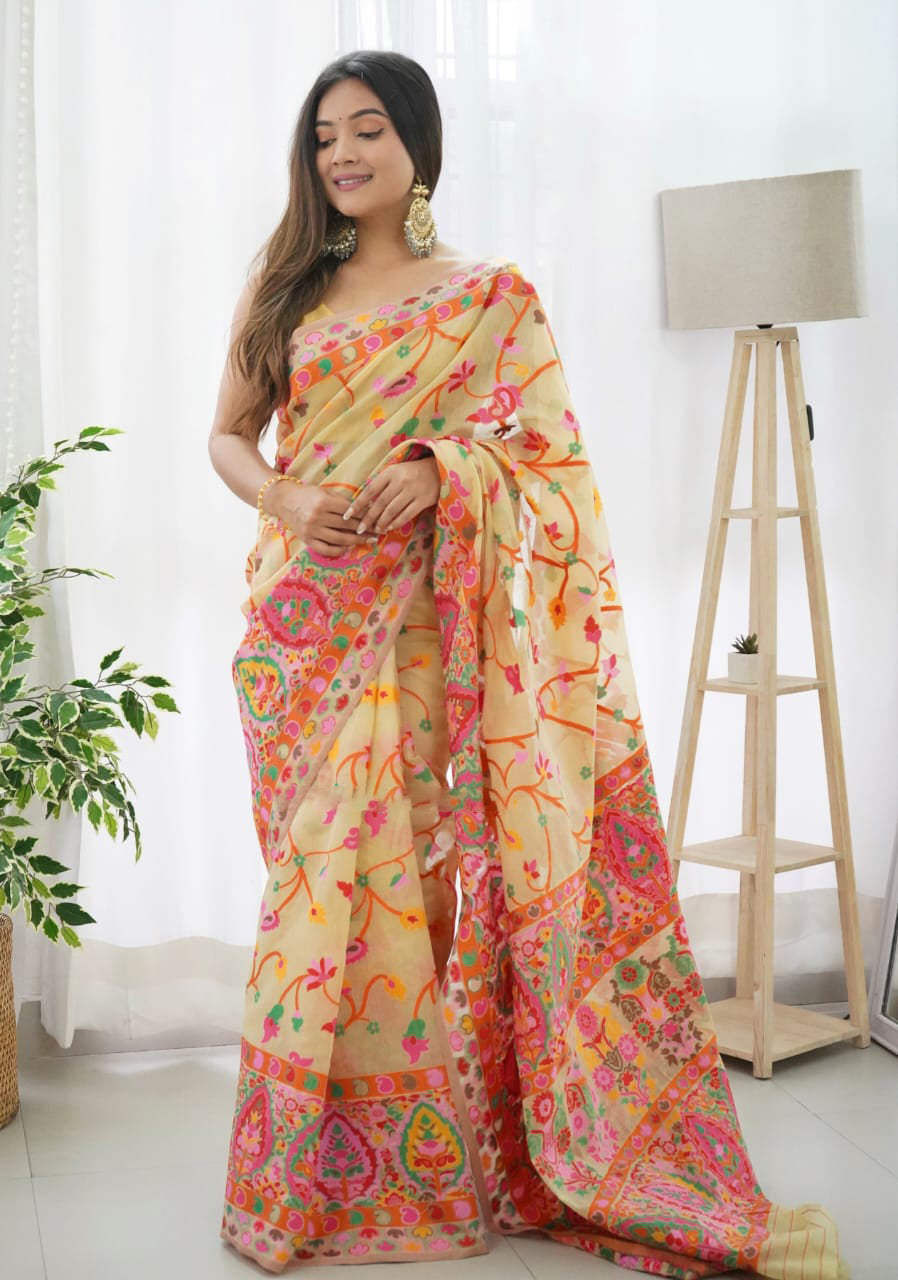 Classy Beige Pashmina saree With Gleaming Blouse Piece