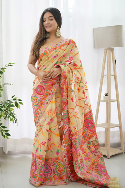Classy Beige Pashmina saree With Gleaming Blouse Piece