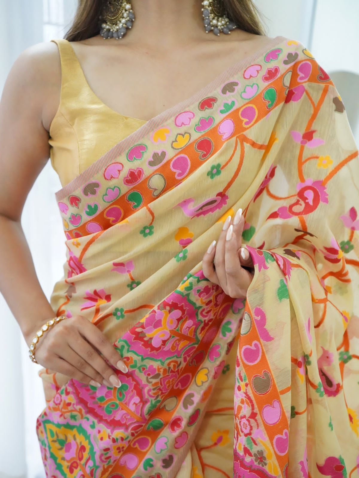 Classy Beige Pashmina saree With Gleaming Blouse Piece