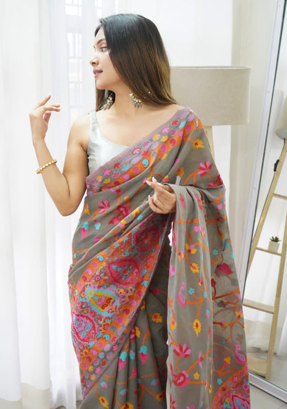 Sensational Grey Pashmina saree With Girlish Blouse Piece