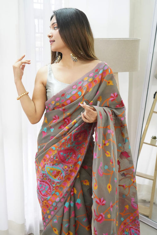 Load image into Gallery viewer, Sensational Grey Pashmina saree With Girlish Blouse Piece
