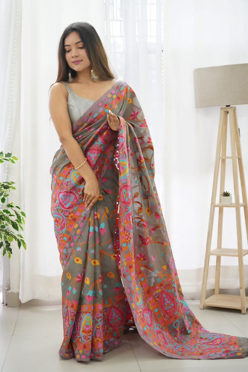 Load image into Gallery viewer, Sensational Grey Pashmina saree With Girlish Blouse Piece
