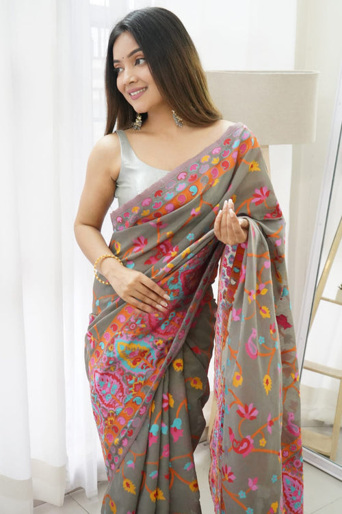 Load image into Gallery viewer, Sensational Grey Pashmina saree With Girlish Blouse Piece
