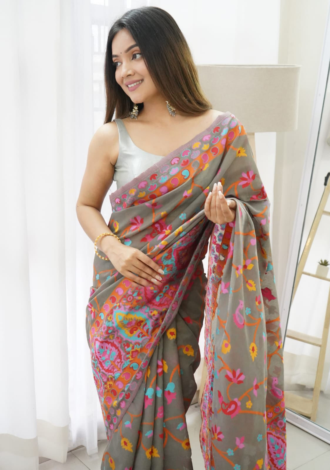 Sensational Grey Pashmina saree With Girlish Blouse Piece