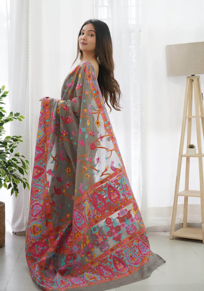 Sensational Grey Pashmina saree With Girlish Blouse Piece
