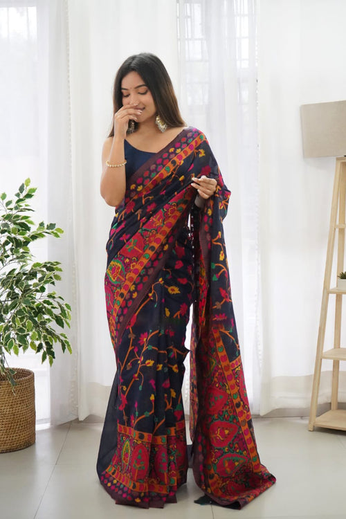 Load image into Gallery viewer, Beautiful Navy Blue Pashmina saree With Blooming Blouse Piece
