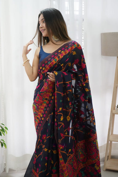 Load image into Gallery viewer, Beautiful Navy Blue Pashmina saree With Blooming Blouse Piece
