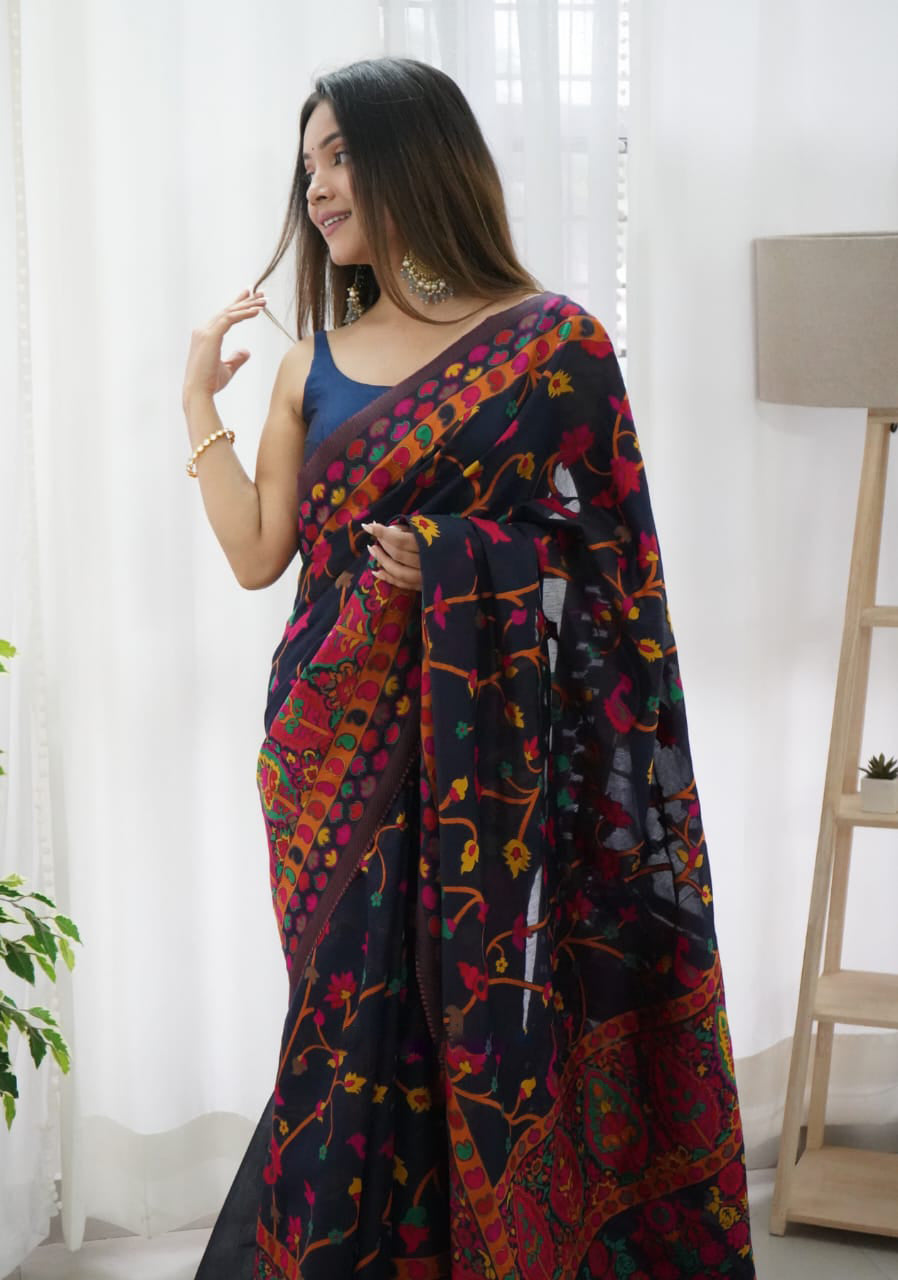 Beautiful Navy Blue Pashmina saree With Blooming Blouse Piece