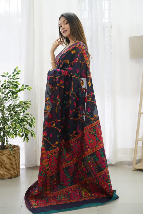 Load image into Gallery viewer, Beautiful Navy Blue Pashmina saree With Blooming Blouse Piece
