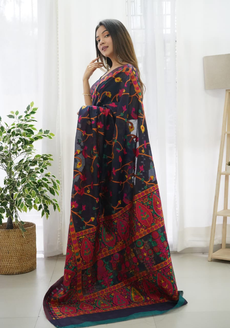 Beautiful Navy Blue Pashmina saree With Blooming Blouse Piece