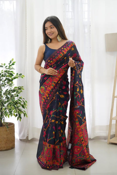 Beautiful Navy Blue Pashmina saree With Blooming Blouse Piece