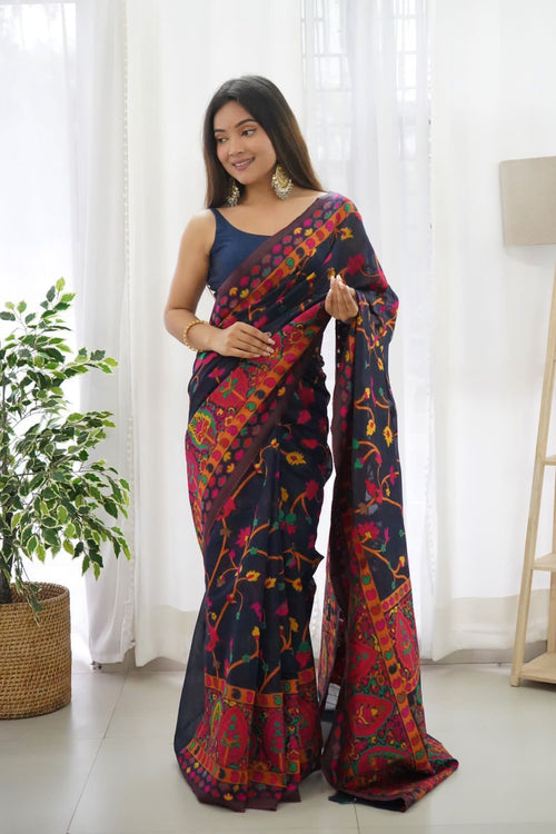 Load image into Gallery viewer, Beautiful Navy Blue Pashmina saree With Blooming Blouse Piece
