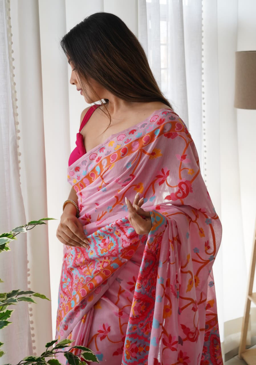 Majesty Pink Pashmina saree With Fancifull Blouse Piece