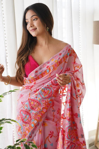 Majesty Pink Pashmina saree With Fancifull Blouse Piece