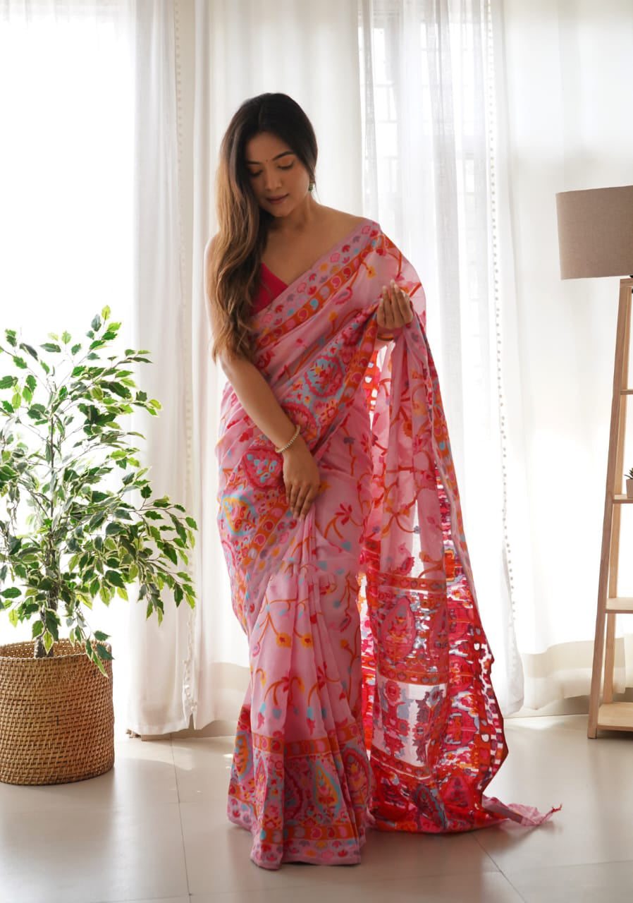 Majesty Pink Pashmina saree With Fancifull Blouse Piece