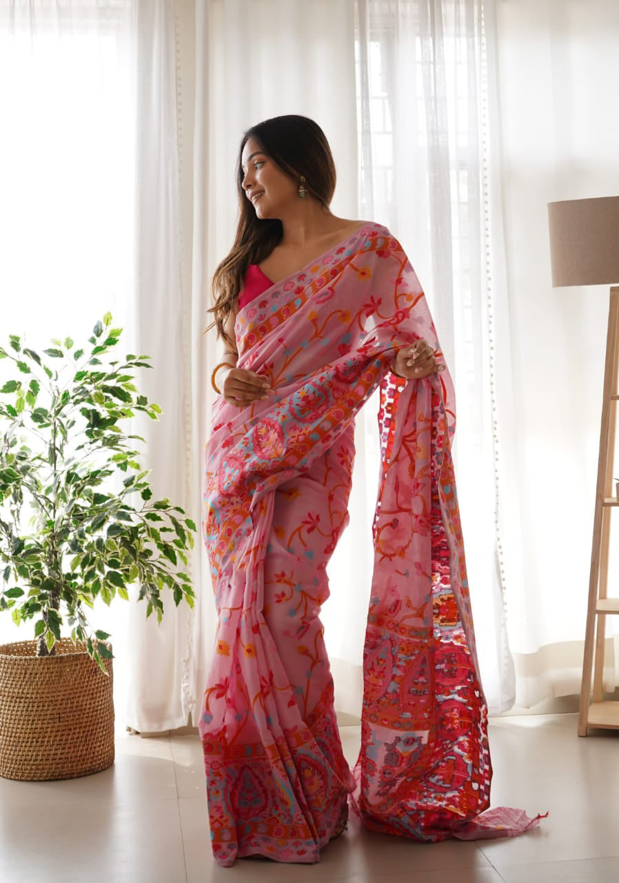 Majesty Pink Pashmina saree With Fancifull Blouse Piece