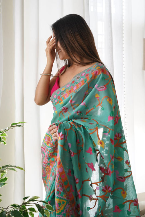 Load image into Gallery viewer, Fairytale Rama Pashmina saree With Angelic Blouse Piece
