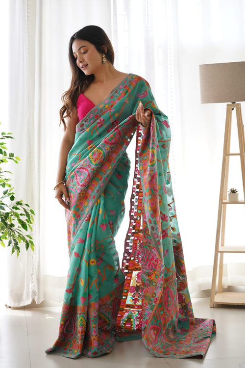 Load image into Gallery viewer, Fairytale Rama Pashmina saree With Angelic Blouse Piece
