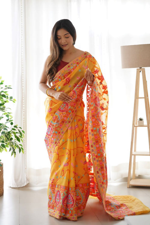 Load image into Gallery viewer, Divine Yellow Pashmina saree With Beleaguer Blouse Piece
