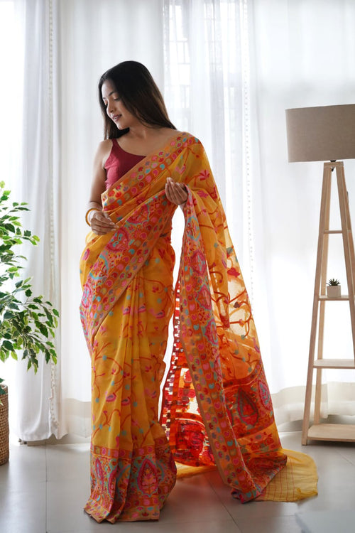 Load image into Gallery viewer, Divine Yellow Pashmina saree With Beleaguer Blouse Piece
