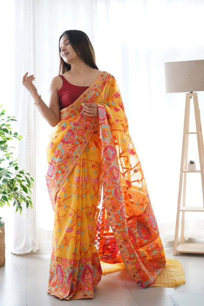 Divine Yellow Pashmina saree With Beleaguer Blouse Piece