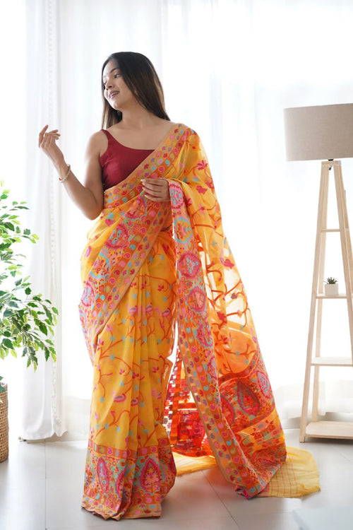 Load image into Gallery viewer, Divine Yellow Pashmina saree With Beleaguer Blouse Piece
