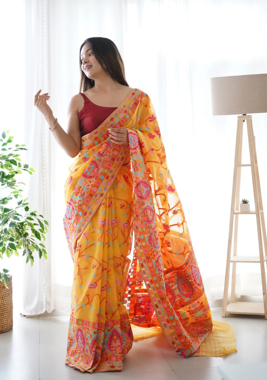 Divine Yellow Pashmina saree With Beleaguer Blouse Piece