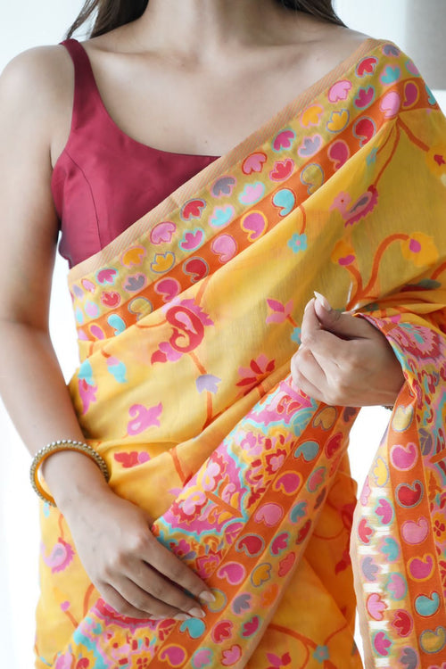 Load image into Gallery viewer, Divine Yellow Pashmina saree With Beleaguer Blouse Piece
