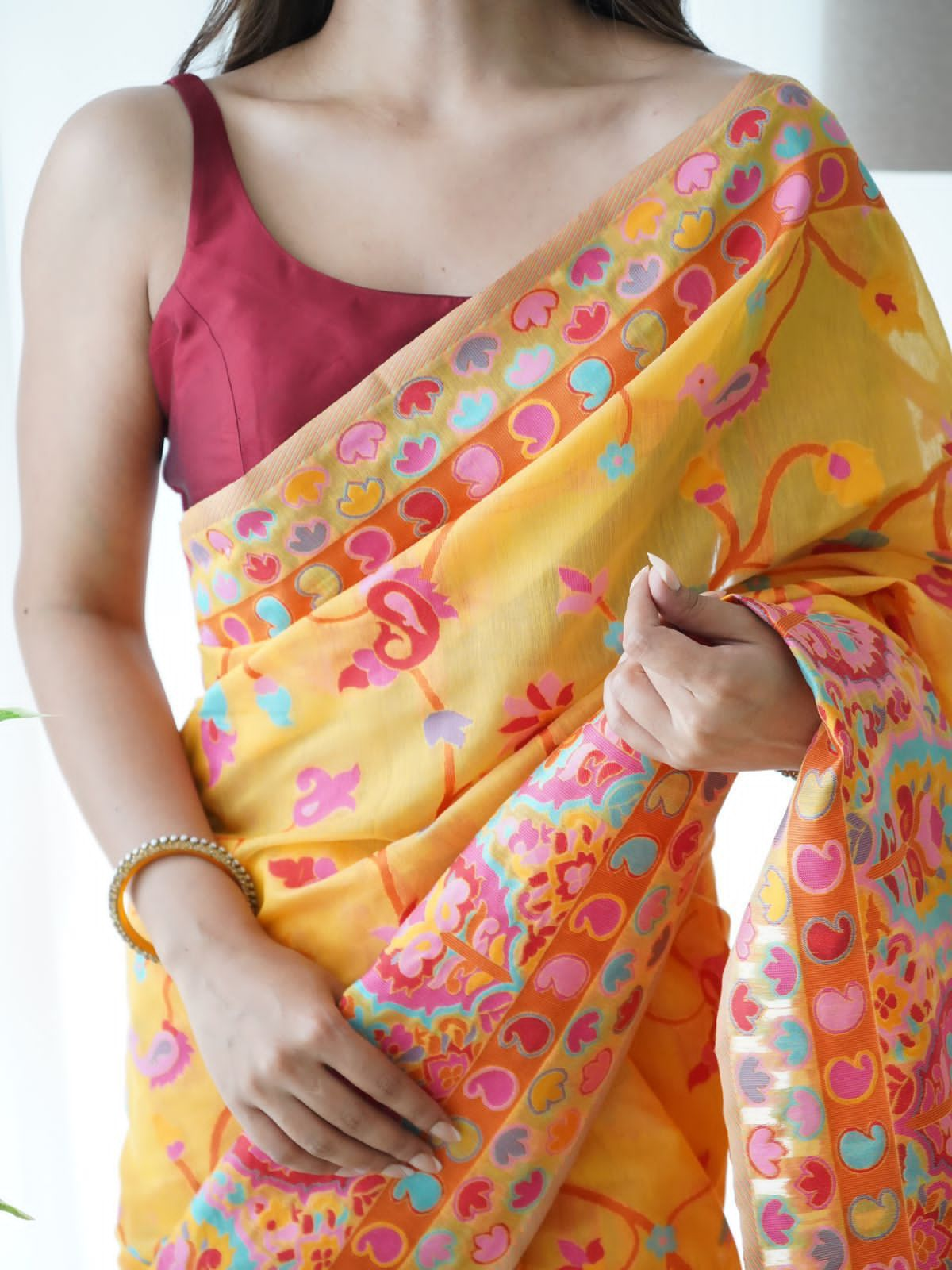 Divine Yellow Pashmina saree With Beleaguer Blouse Piece