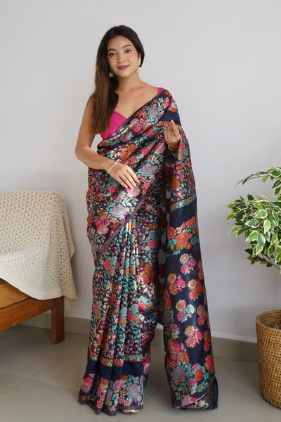 Pretty Navy Blue Pashmina saree With Amazing Blouse Piece