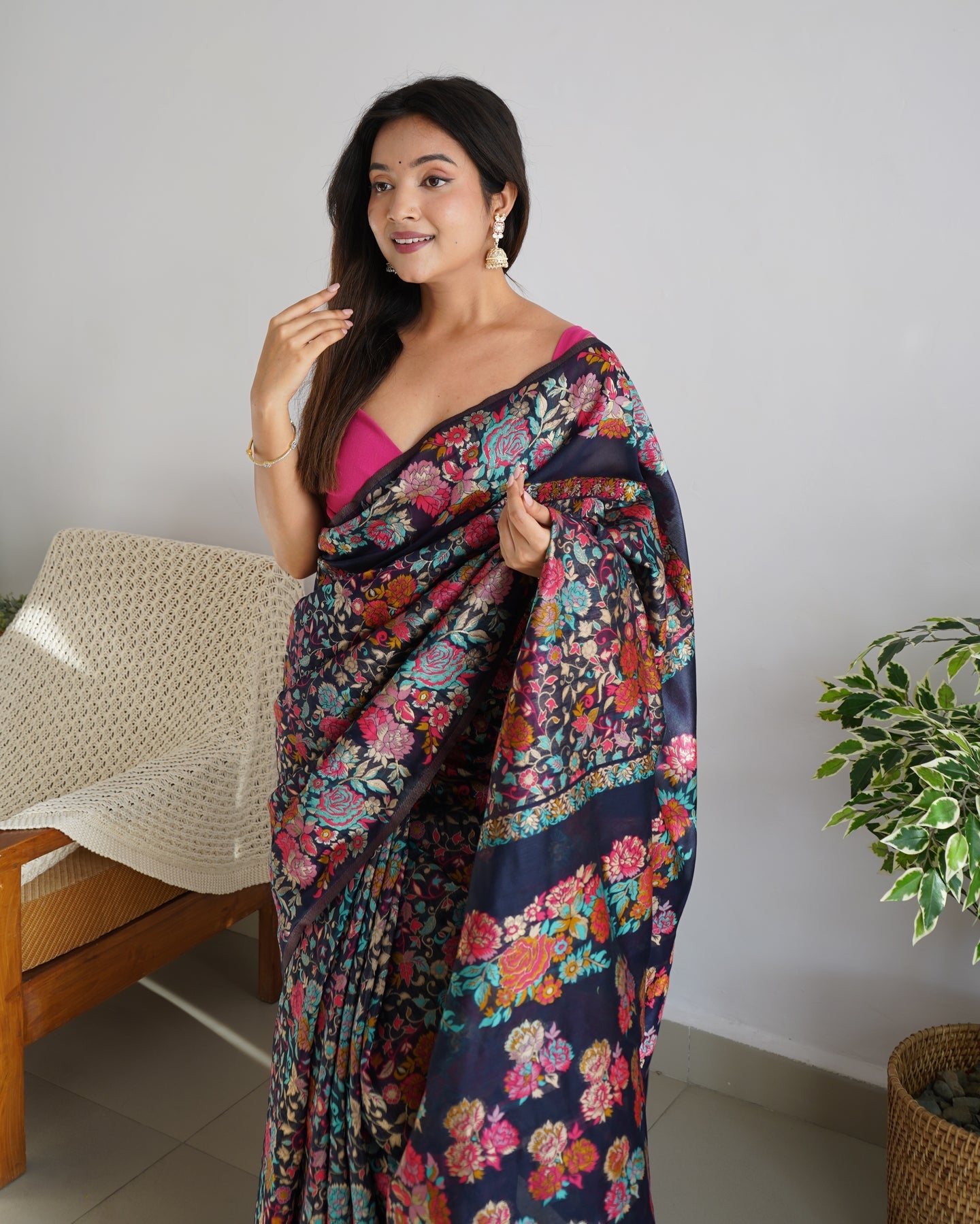 Pretty Navy Blue Pashmina saree With Amazing Blouse Piece