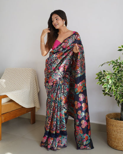 Pretty Navy Blue Pashmina saree With Amazing Blouse Piece