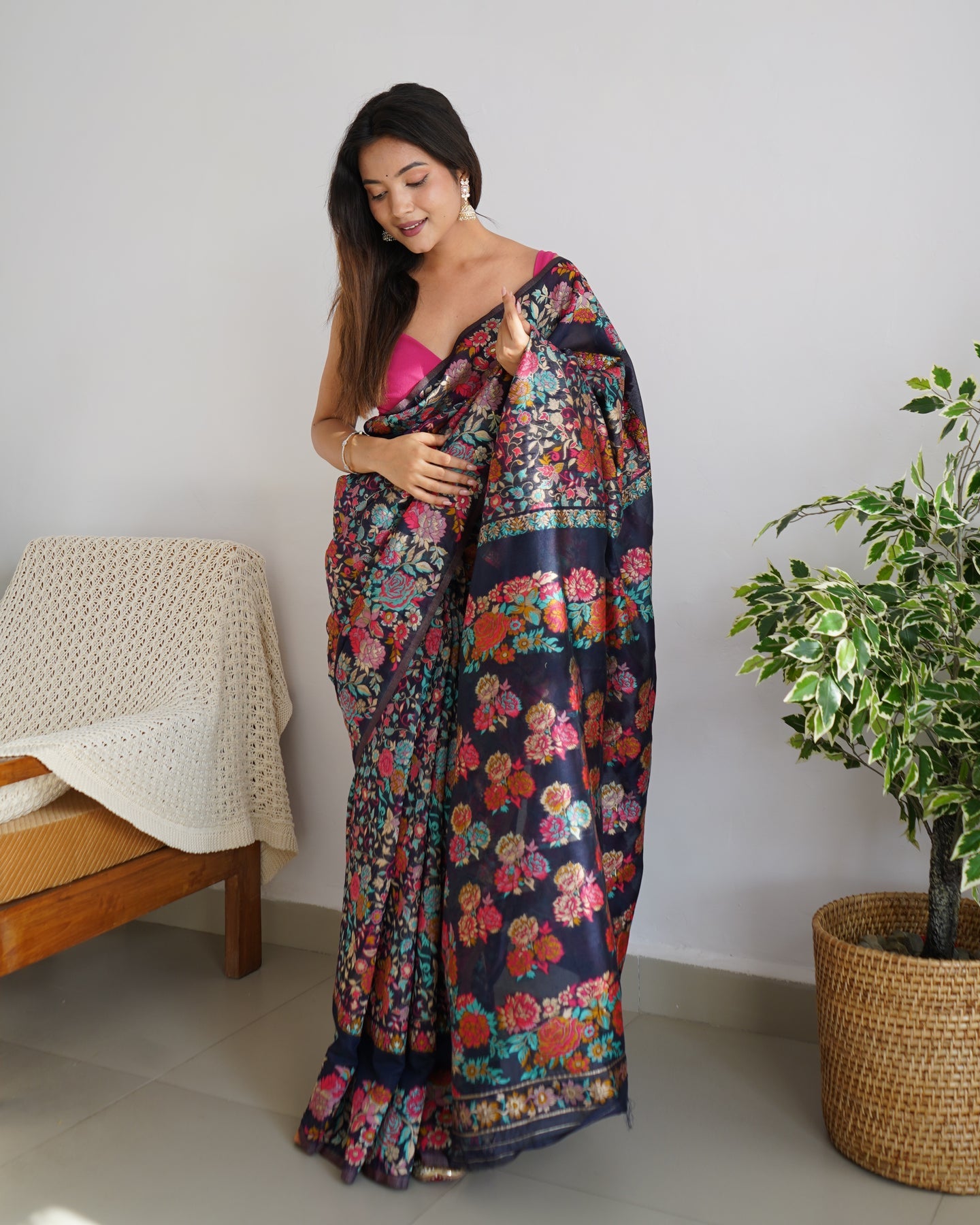 Pretty Navy Blue Pashmina saree With Amazing Blouse Piece
