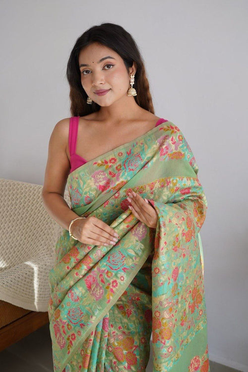 Load image into Gallery viewer, Charming Pista Pashmina saree With Breathtaking Blouse Piece
