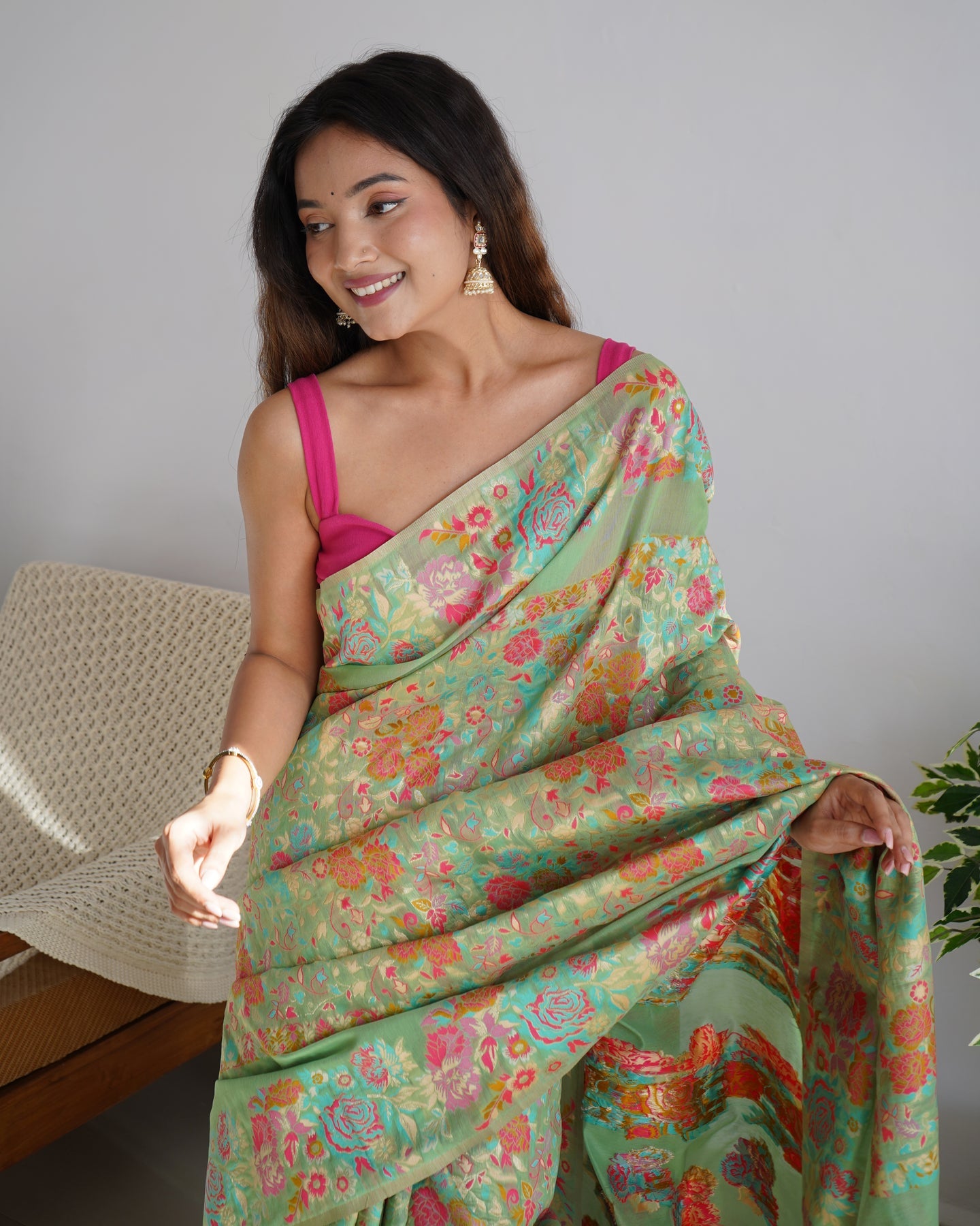 Charming Pista Pashmina saree With Breathtaking Blouse Piece