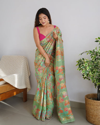 Charming Pista Pashmina saree With Breathtaking Blouse Piece