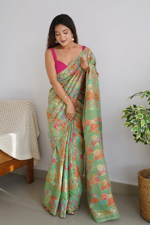 Load image into Gallery viewer, Charming Pista Pashmina saree With Breathtaking Blouse Piece
