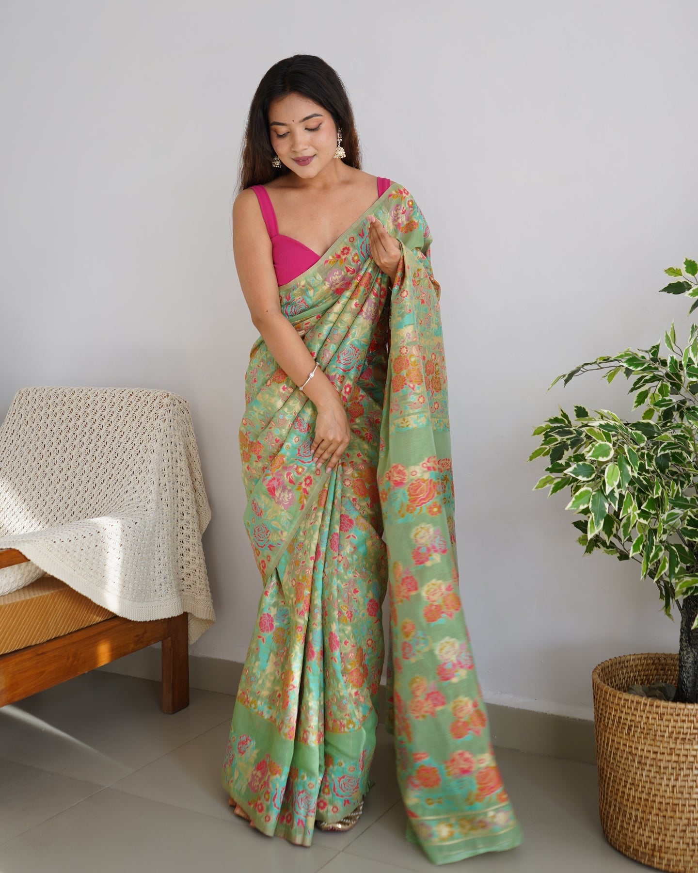 Charming Pista Pashmina saree With Breathtaking Blouse Piece