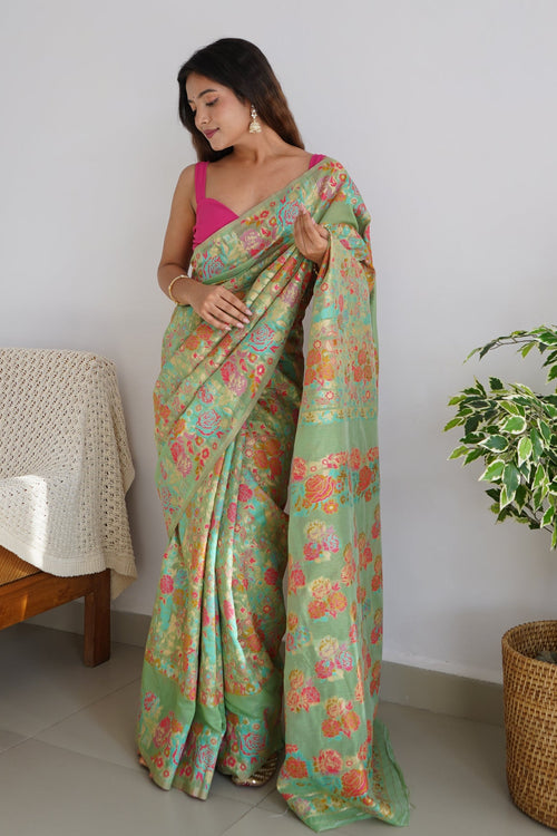 Load image into Gallery viewer, Charming Pista Pashmina saree With Breathtaking Blouse Piece
